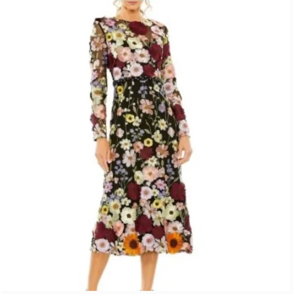 Mac Duggal Floral Embroidered Midi High Neck A-Line Dress 68462 Size 4
